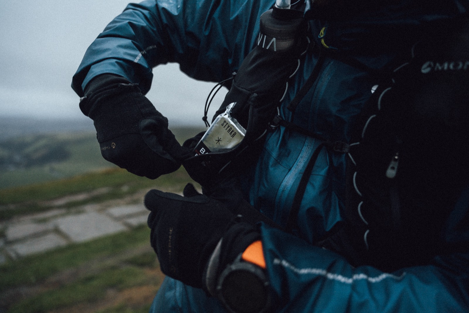 STYRKR ultra endurance nutrition product during a trail run